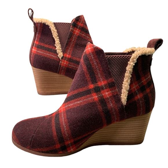 Toms Kelsey Women's Pump Wool Plaid Red Brown Wedge Bootie NEW Size 10W - Picture 2 of 5